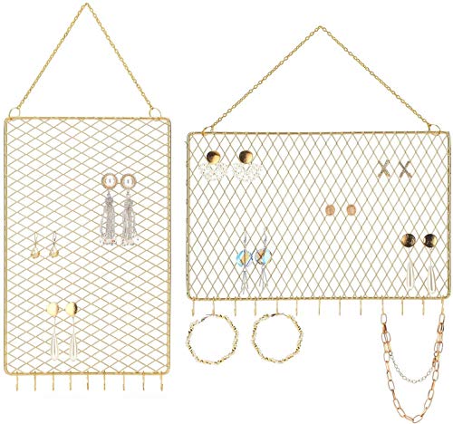 Heesch 2 pack Hanging Earring Display Jewelry Holder Organizer Decorative Metal Diamond Shape with 10 Hooks for Necklace Bracelet (Gold) (Gold-B)