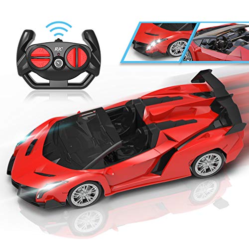 Qutasivary Remote Control Car, Hobby RC Cars Xmas Gifts for Kids, 1/24 Red Model Sport Racing Toy Car with Lights for Boys Girls