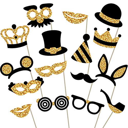 Gold Photo Booth Props - Fully Assembled, No DIY Required - Mix of Hats, Lips, Mustaches, Crowns and More (16 pcs) - Durable and Vibrant - Perfect for Birthday Parties, Weddings and More