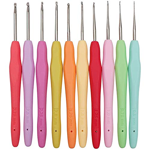 Facibom 10Pcs Small Size Lace Crochet Hooks (0.5-2.75mm), Ergonomic Crochet Hooks Set with Soft Grip Handle for Thread