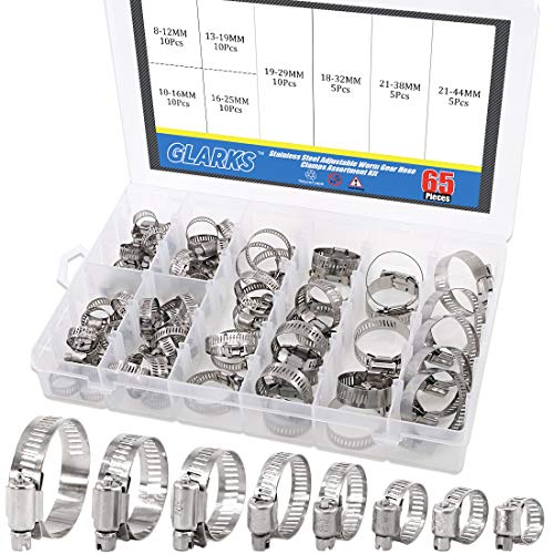 Glarks 65-Pieces 304 Stainless Steel Adjustable 8-44mm Range Worm Gear Hose Clamps Assortment Kit, Fuel Line Clamp for Water Pipe, Plumbing, Automotive and Mechanical Application