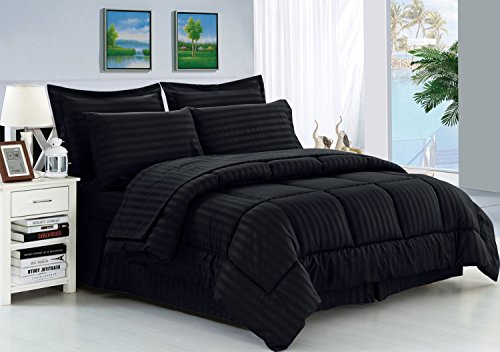 Elegant Comfort Wrinkle Resistant - Silky Soft Dobby Stripe Bed-in-a-Bag 8-Piece Comforter Set -HypoAllergenic - King Black