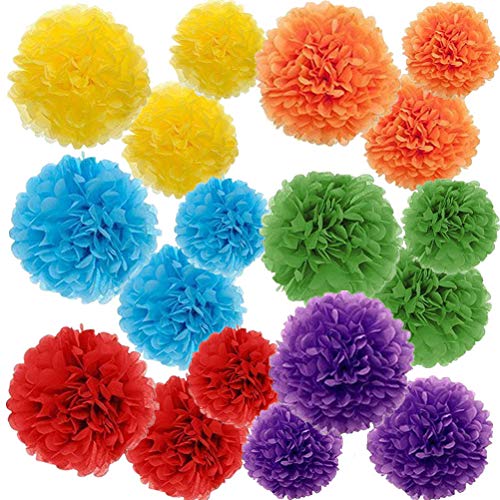 Paper Pom Poms Color Tissue Flowers Birthday Celebration Wedding Party Halloween Christmas Outdoor Decoration,18 pcs of 10 12 14 Inch