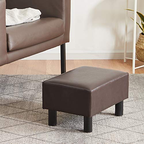 YOUDENOVA 16 inches Footstool Ottoman with Stable Wooden Legs, Small Footrest Under Desk, Faux Leather Brown Step Stool Padded Seat, Support 350lbs