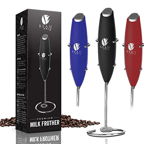 Bean Envy Milk Frother Handheld - Perfect For The Best Latte - Whip Foamer - Includes Stainless Steel Stand - Black