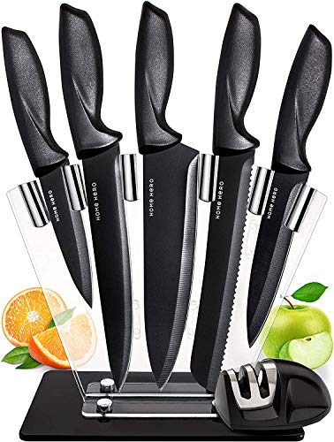 Chef Knife Set Knives Kitchen Set - Stainless Steel Kitchen Knives Set Kitchen Knife Set with Stand - Plus Professional Knife Sharpener - 7 Piece Stainless Steel Cutlery Knives Set by Home Hero