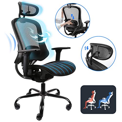 Ergonomic Office Desk Chair - Adjustable Backrest and Headrest with 3-D Armrest, Automatic Tension Adjustment, Mesh Desk Chair, Metal Base, Lumbar Support, Office Swivel Chair, Komene, Black (300Ibs)