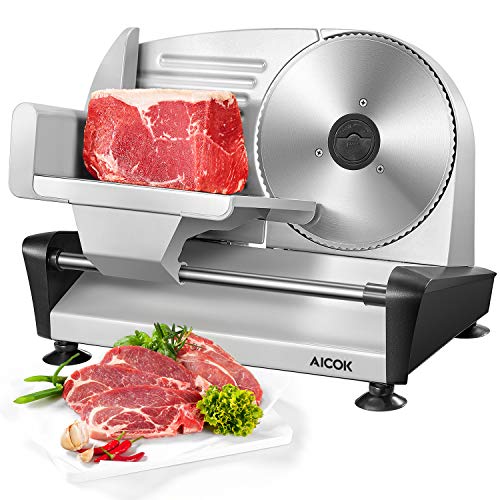 Meat Slicer, Electric Deli Food Slicer with Removable 7.5'' Serrated & Stainless Steel Blade, 0-15mm Adjustable Thickness for Meat, Cheese and Bread, Include Food Carriage & Pusher and Non-Slip Feet