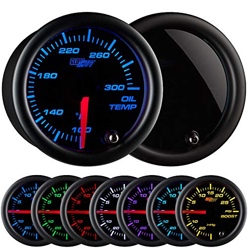 GlowShift Tinted 7 Color 300 F Oil Temperature Gauge Kit - Includes Electronic Sensor - Black Dial - Smoked Lens - for Car & Truck - 2-1/16' 52mm