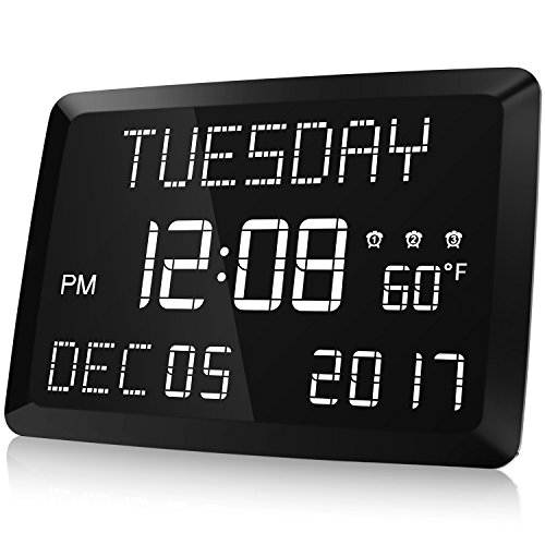 Digital Clock, Raynic 11.5' Large LED Word Display Dimmable Digital Wall Clock,Adjustable Brightness Digital Alarm Clock with Day and Date,Indoor Temperature,Snooze,12/24H,DSTfor Home, Office,Elderly