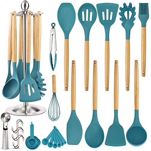 Silicone Kitchen Cooking Utensil Set, EAGMAK 16PCS Kitchen Utensils Spatula Set with Stainless Steel Stand for Nonstick Cookware, BPA Free Non-Toxic Cooking Utensils, Kitchen Tools Gift (Dark Blue)