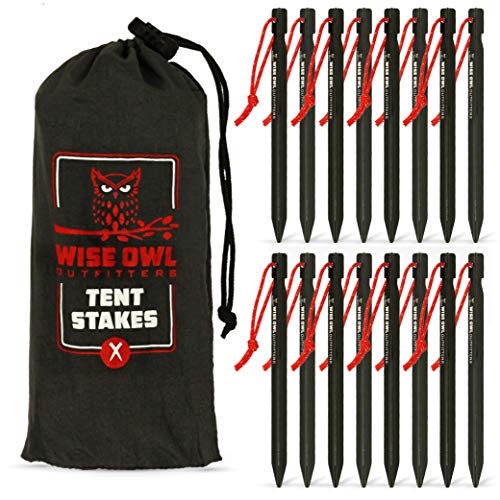 Wise Owl Outfitters Tent Stakes 7075 Heavy Duty Aluminum Metal Ground Pegs - 16 Pack to Stake Down A Tarp and Tents - Best Easy Lightweight Strong Outdoor Camping Spikes
