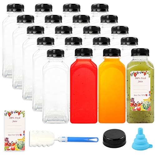 20pcs Empty PET Plastic Juice Bottles 12oz Reusable Clear Disposable Containers with Black Tamper Evident Caps Lids for Juice, Milk and Other Beverages