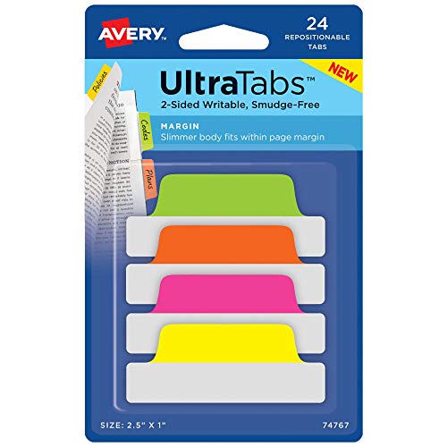 Avery Ultra Tabs, 2.5' x 1', 2-Side Writable, Pink/Green/Orange, 24 Repositionable Margin Tabs (74767)