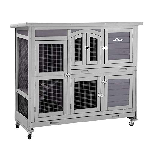 Aivituvin 47' Two Story Rabbit Hutch Bunny Cage with Wheels, Indoor Outdoor Guinea Pig Cage with 2 Deep No Leak Tray