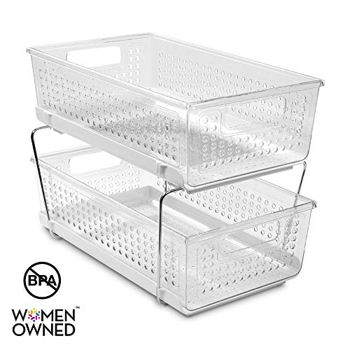 madesmart 2-Tier Organizer Bath Collection Slide-out Baskets with Handles, Space Saving, Multi-purpose Storage & BPA-Free, Large, Clear-Without Dividers