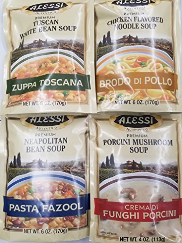 Alessi Athentic Italian Soup Mix 4 Flavor Variety Bundle: (1) Tuscan White Bean Soup, (1) Chicken Flavored Noodle Soup, (1) Porcini Mushroom Soup, and (1) Neapolitan Bean Soup, 4-6 Oz Ea