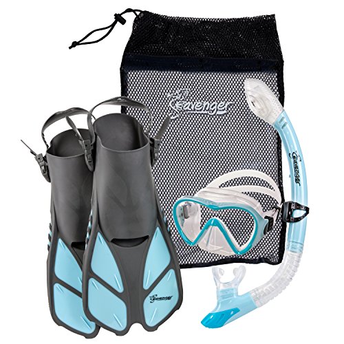 Seavenger Diving Dry Top Snorkel Set with Trek Fin, Single Lens Mask and Gear Bag, S/M - Size 4.5 to 8.5, Gray/Dodger Blue