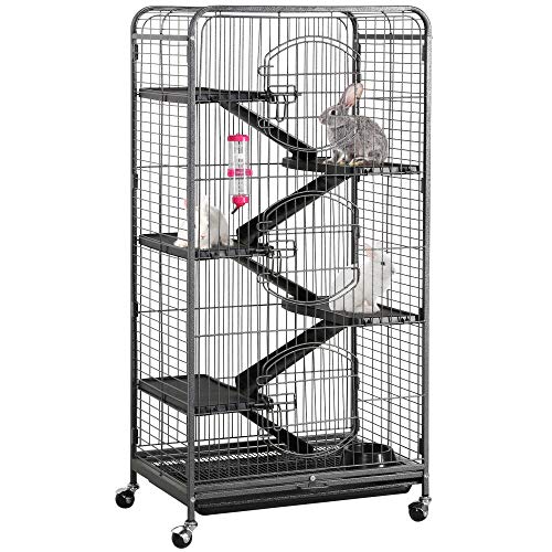 YAHEETECH 52” 6 Level Metal Rabbit Cage with 3 Front Doors/Feeder/Wheels Small Animal Cage Hutch for Ferret Bunny Indoor Outdoor,Black