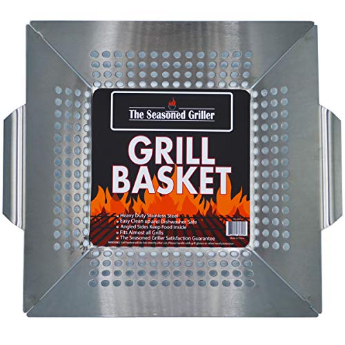 Professional Grade Stainless Steel Grill Basket, BBQ Accessories, Grill Your Meats, Vegetables, Seafood, Pizza, Kabobs. Fits Charcoal, Gas Grills Camping Cookware Grill Tool For Dad
