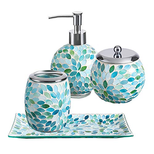 KMwares Mosaic Glass Decorative Bathroom Accessories Set 4PCs - Includes Hand Soap Dispenser & Cotton Jar & Toothbrush Holder & Vanity Tray - Mixed Color with Blue, Green, White