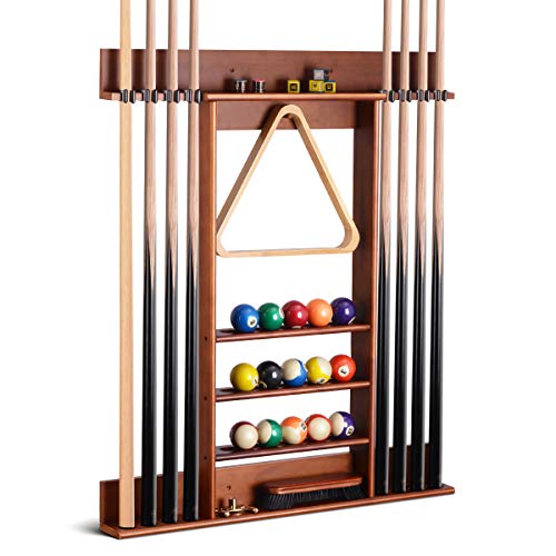 XCSOURCE Billiard Cue Rack, Wall Mounted Wooden Poor Cue Rack, 8 Holes for Billiard Cues, 5-Layer Platform Can Hold Balls, Chalk, Brushes,etc. Beautiful and Convenient, Suitable for Billiard Room.