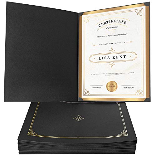 Black Certificate Holders 8.5x11' (30 Per Set) - Gold Foil Border, Die Cut Corner Slots, Reinforced Edges - Protect and Secure Graduation Diploma, Recognition, Award, Documents // Paper Plan