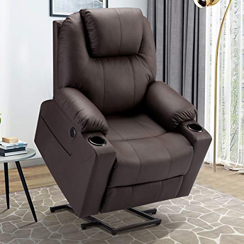 Esright Electric Power Recliner Lift Chair Faux Leather Electric Recliner for Elderly, Heated Vibration Massage Sofa with Side Pockets, USB Charge Port, Cup Holder & Massage Remote Control, Dark Brown