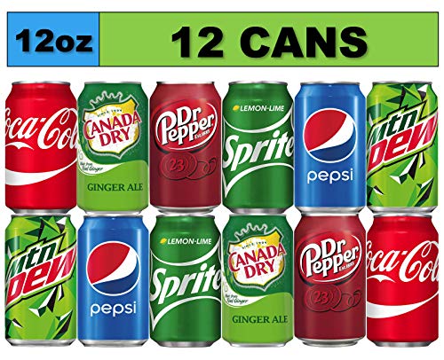 Soda Variety Pack (12 Cans) Bundle of Coke, Pepsi Cola, Dr Pepper, Mountain Dew, Sprite and Canada Dry Ginger Ale Soft Drinks, Mini Fridge Organizer Can Restock Kit
