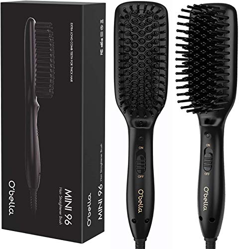 O'Bella Hair Straightener Brush Dual-Voltage 45 Second Fast Heat Up, 28mm Long&High Density Comb Teeth Anion Hair Straightener Brush for Long Curly Hair