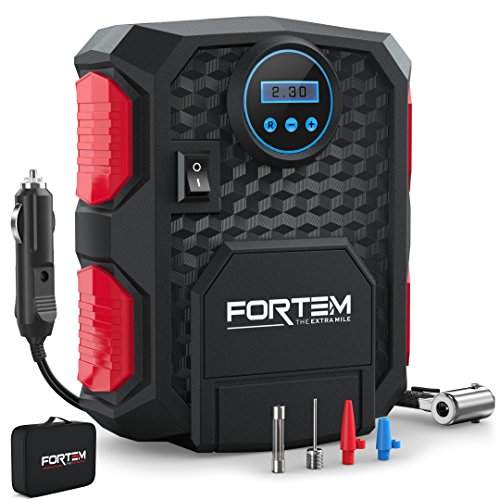 FORTEM Digital Tire Inflator for Car w/Auto Pump/Shut Off Feature, Portable Air Compressor, Carrying Case (Red)