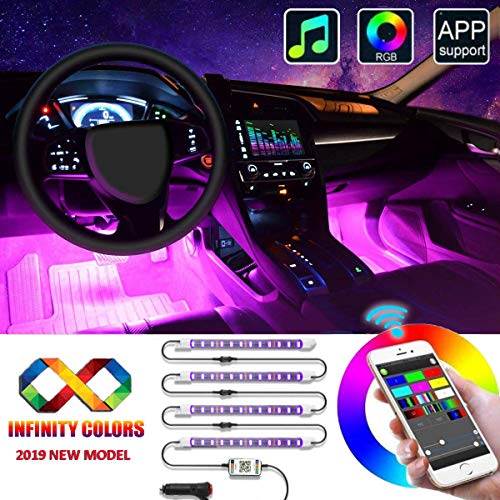 Updated Unifilar 16 Million Colors Sound Activated Car Led Lights Interior 4pcs Multi Colors Car Led Strip Lights Universal Under Dash Lighting Kit for All Vehicles, Parties, Outdoor (App Control)