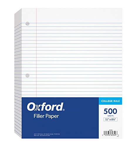 Oxford Filler Paper, 8-1/2' x 11', College Rule, 3-Hole Punched, Loose-Leaf Paper for 3-Ring Binders, 500 Sheets Per Pack (62349),White