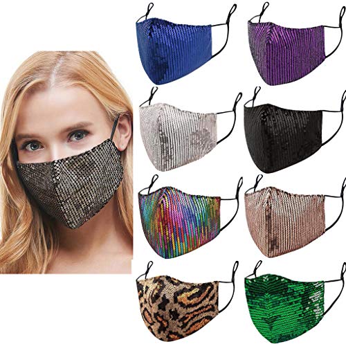 8PCS Halloween Masquerade Bling Face Masks for Woman Adult Reusable Washable Fashion Novelty Sequin Glitter Face Mask (8PCS)