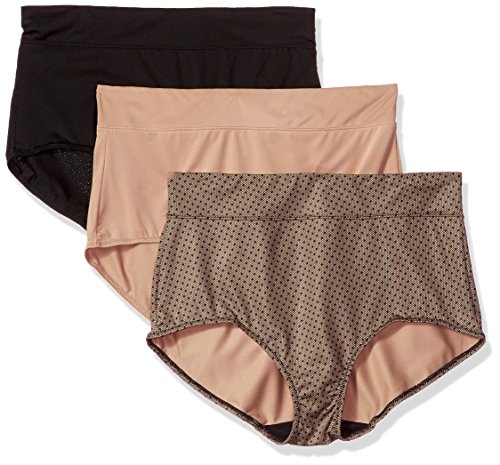 Warner's Women's Blissful Benefits No Muffin Top 3 Pack Brief Panty, Black/Toasted Almond/lace dot Print, XL