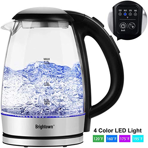 Brightown Electric Tea Kettle - Glass Hot Water Pot with 4 Colors LED Lights Variable Temperature Control Fast Heating Auto Shut-off & Boil-dry Protection (1.7L 1500W)