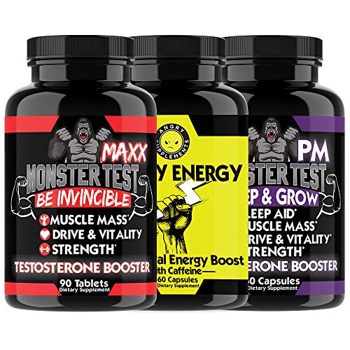 Angry Supplements Monster Test MAXX Testosterone Booster + Angry Energy + Monster PM 3-Bottle Bundle - Maximum Strength Power Pack for Men, Non-GMO Pills for Day & Sleep Aid for Night (3-Pack,210ct)