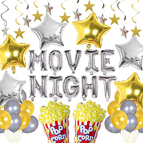 Funmemoir Movie Night Themed Party Decorations for Hollywood Oscar Awards Night Ceremony Event Party Supplies Popcorn Star Foil Balloons Hanging Swirls