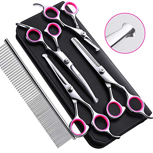 Gimars 4CR Stainless Steel Dog Grooming Scissors Kit with Safety Round Tip, Heavy Duty Titanium Coated Pet Grooming Trimmer Kit - Thinning, Straight, Curved Shears Comb for Pet