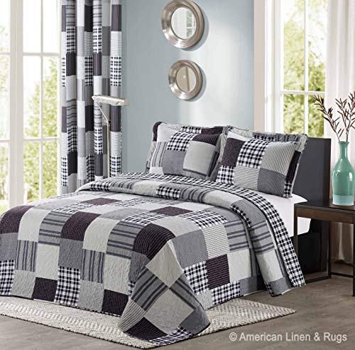 All American Collection Black and Grey Modern Plaid Bedspread and Pillow Sham Set | Matching Curtains Available! (King/Cal King Size)