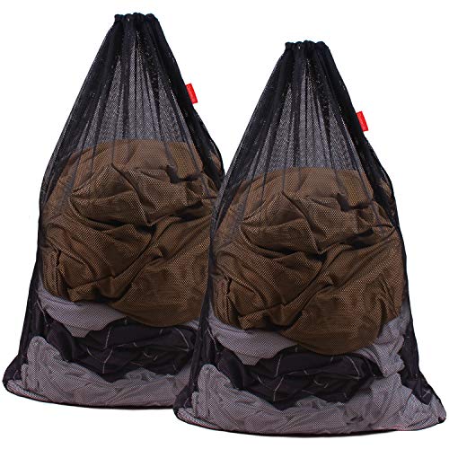 DuomiW Mesh Laundry Bag Heavy Duty Drawstring Bag, Factories, College, Dorm, Travel and Apartment Dwellers, 24 x 36 Inches, 2 Pack, Black