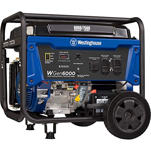 Westinghouse WGen6000 Portable Generator 6000 Rated & 7500 Peak Watts, Gas Powered, Electric Start, Transfer Switch Ready, CARB Compliant