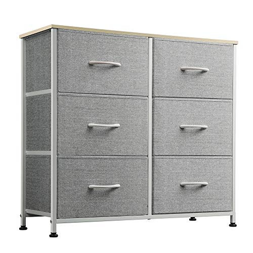 WLIVE Vertical Storage Tower, Dresser with 6 Easy Pull Fabric Drawers, Sturdy Metal Frame, Wood Tabletop, Easy Pull Handle, Organizer Unit for Bedroom, Hallway, Nursery, Entryway, Closets, Grey