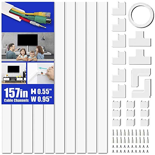 Cord Cover Raceway Kit, 157in Cable Cover Channel, Paintable Cord Concealer System Cable Hider, Cord Wires, Hiding Wall Mount TV Powers Cords in Home Office, 10X L15.7in X W0.95in X 0.55in