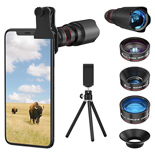 Selvim Phone Camera Lens Phone Lens Kit 4 in 1, 22X Telephoto Lens, 235° Fisheye Lens, 0.62X Wide Angle Lens, 25X Macro Lens, Compatible with iPhone 10 8 7 6 6s Plus X XS XR Samsung - Black