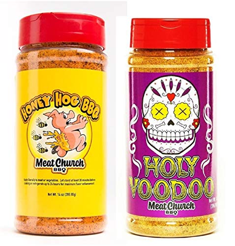 Meat Church BBQ Rub Combo: Honey Hog (14 oz) and Holy VooDoo (14 oz) BBQ Rub and Seasoning for Meat and Vegetables, Gluten Free, One Bottle of Each