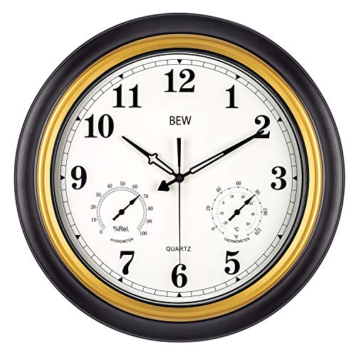 Large Outdoor Clock, Waterproof Wall Clock with Thermometer & Hygrometer Combo, Weather-Resistant Silent Metal Garden Clock for Patio, Pool, Lanai, Fence, Porch, Home (18-Inch, Black Golden)