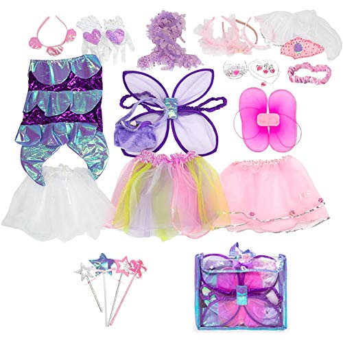 Sinuo Girls Dress Up Costume Set, Fairy and Mermaid Role Play Dress-up Trunk with Accessories 25pcs Girls Pretend Play Costume for Kids Age from 2-5