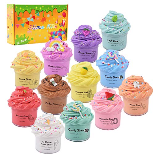 DAIZIKUAI 12 Pack Scented Butter Slime Kit with Coffee,Rainbow,Unicorn,Ice Cream,Watermelon Slime Charms and More,Soft and Non-Sticky DIY Novelty Slime Putty Toy,Party Favors for Girls Boys