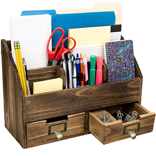 Rustic Wood Office Desk Organizer: Includes 6 Compartments and 2 Drawers to Organize Desk Accessories, Mail, Pens, Notebooks, Folders, Pencils and Office Supplies (Dark Brown)